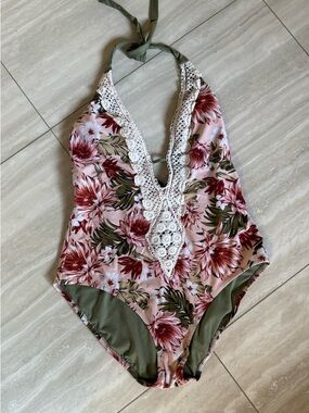 Kona Sol Pink Floral One-Piece Swimsuit with Olive Trim open back deep V full bo